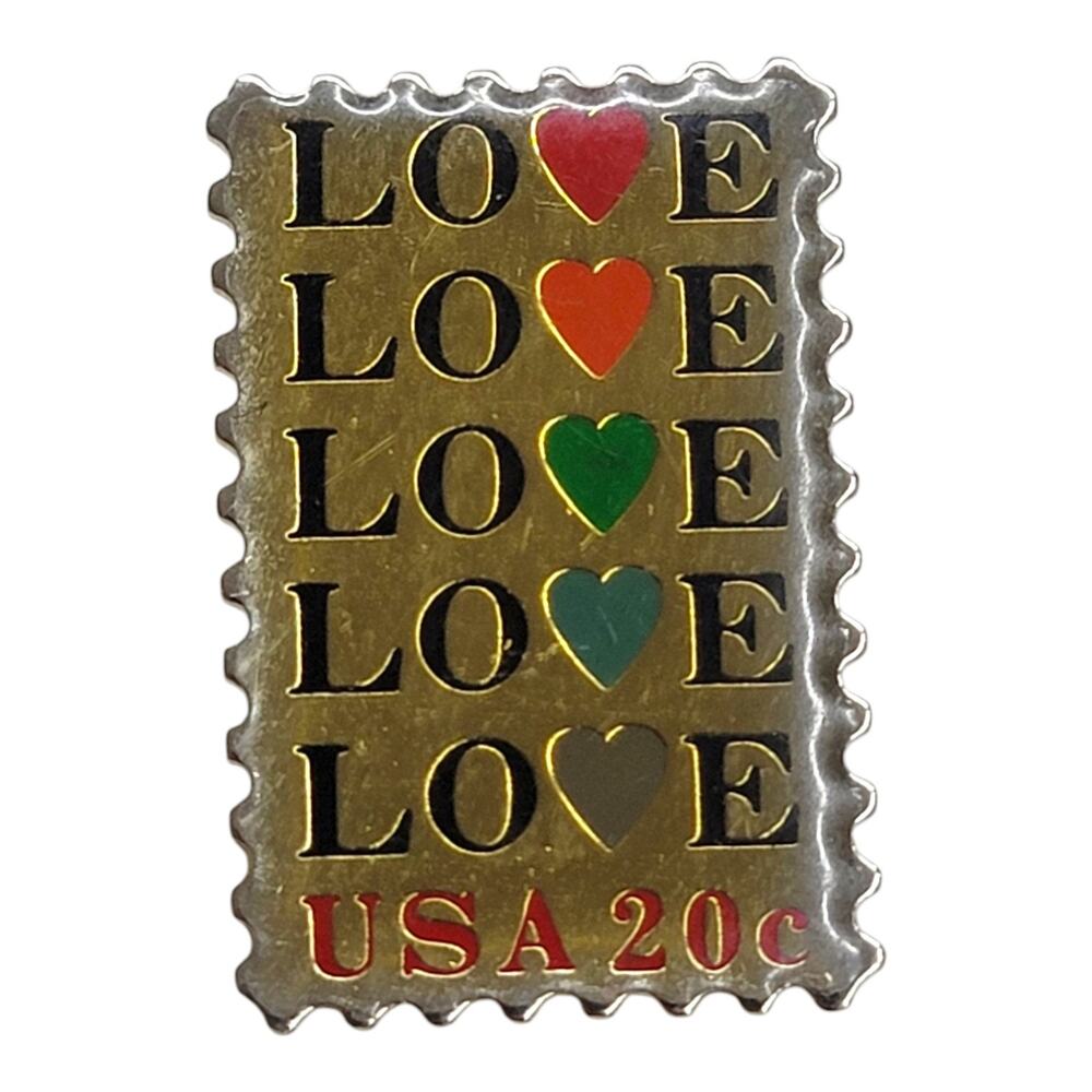 Vintage USPS 20c Love Stamp Enamel Lapel Pin 1982 Lannoye Emblems Postage Hat